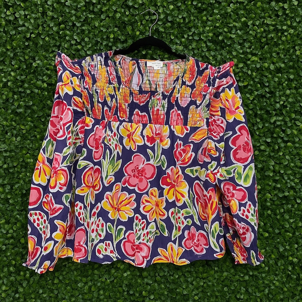 JODIFL Floral Smocked Blouse | Ruffle Shoulder | Long Sleeve | Size L